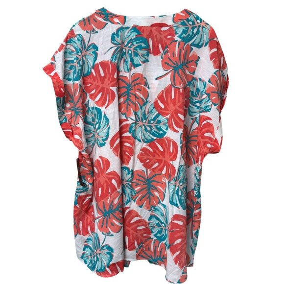 Kim Rogers Top Plus Size 2X Tropical Leaf Coral Turquoise Short Sleeve Tunic - Picture 6 of 9